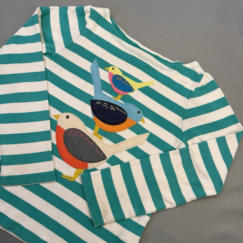 Mini Boden Green Stripe Bird Shirt Size 4-5 Year Appliqués Excellent Condition - Picture 2 of 5